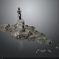 Tall Lighthouse Structure On Rocky Island With Scattered Rock Fragments
