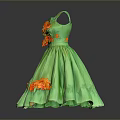 Green Floral Dress With Orange Flower Decorations And Flared Skirt