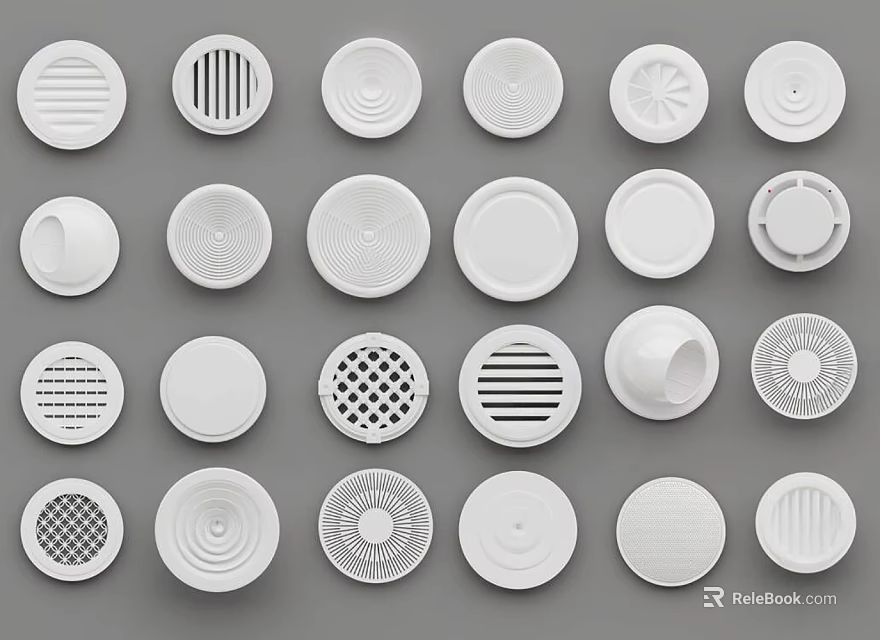 Round White Air Conditioner Vents With Various Decorative Grille Patterns 3d model 