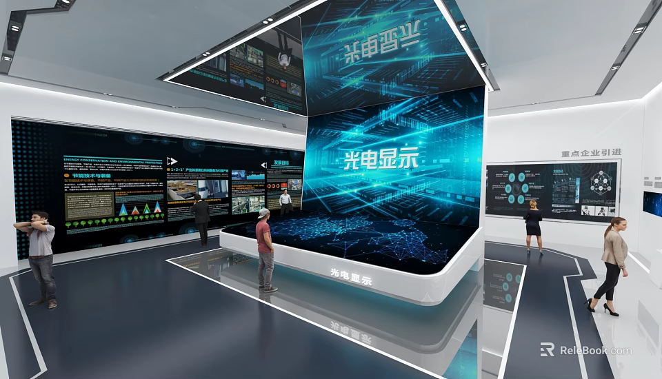 Optoelectronic Display Technology Exhibition In Modern Hall With Interactive Platform And Digital Screens 3d model 