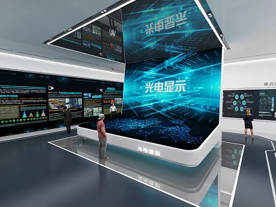 Optoelectronic Display Technology Exhibition In Modern Hall With Interactive Platform And Digital Screens 3d model
