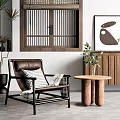 Brown Leather Lounge Chair With Cushions Wooden Side Table And Green Plants Near Lattice Window