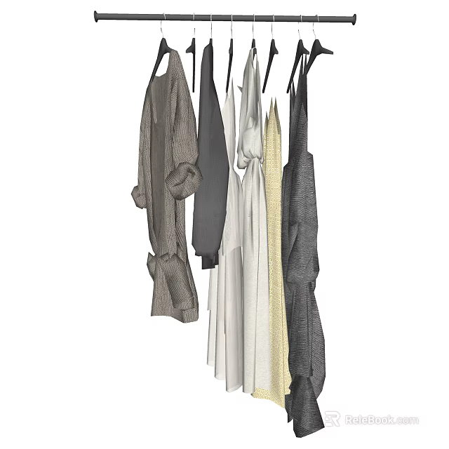 Various Styles of Hanging Clothes in Neutral and Dark Colors on Hangers 3d model 