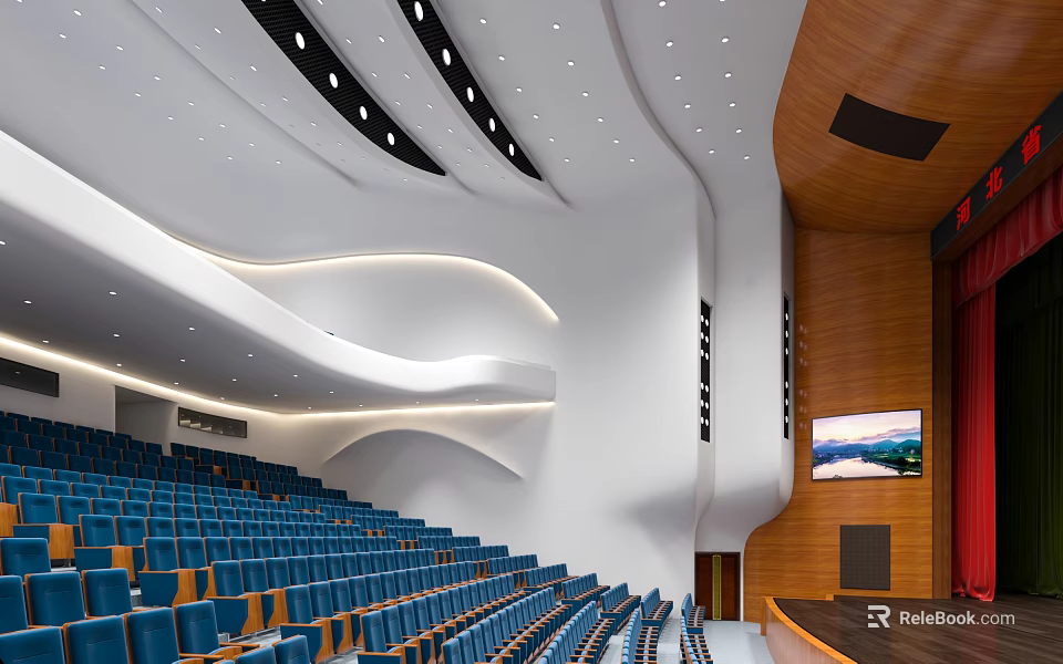Cultural Center Auditorium Interior With Blue Seats Curved White Ceiling And Wooden Walls 3d model 