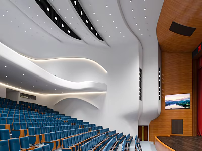Cultural Center Auditorium Interior With Blue Seats Curved White Ceiling And Wooden Walls 3d model