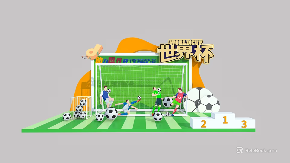 World Cup Football Themed Check in Photo Spot with Goalpost Soccer Balls Players and Podium 3d model 