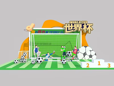 World Cup Football Themed Check in Photo Spot with Goalpost Soccer Balls Players and Podium 3d model