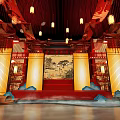 Chinese Style Stage Decorated With Hanging Lanterns Landscape Painting Red Carpet Golden Pillars And Mist