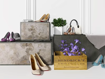 Stylish High Heels Displayed With Wooden Crate Plant And Handbag 3d model