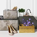 Stylish High Heels Displayed With Wooden Crate Plant And Handbag