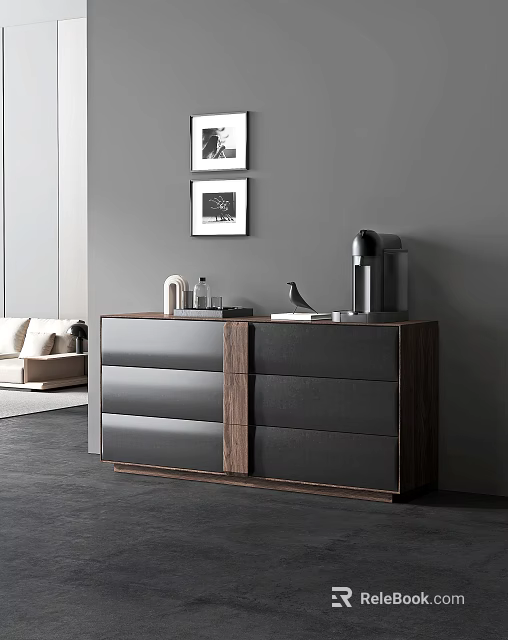 Modern Wooden Dresser with Coffee Machine Decorative Items and Framed Artworks in Living Room 3d model 