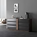 Modern Wooden Dresser with Coffee Machine Decorative Items and Framed Artworks in Living Room