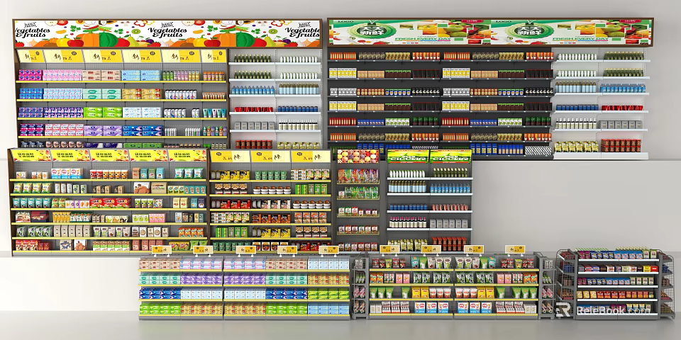 Retail Display Shelves With Multiple Layers Of Organized Colorful Retail Products 3d model 