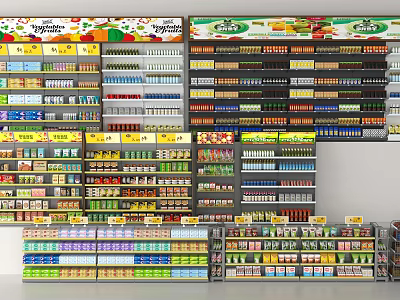 Retail Display Shelves With Multiple Layers Of Organized Colorful Retail Products 3d model