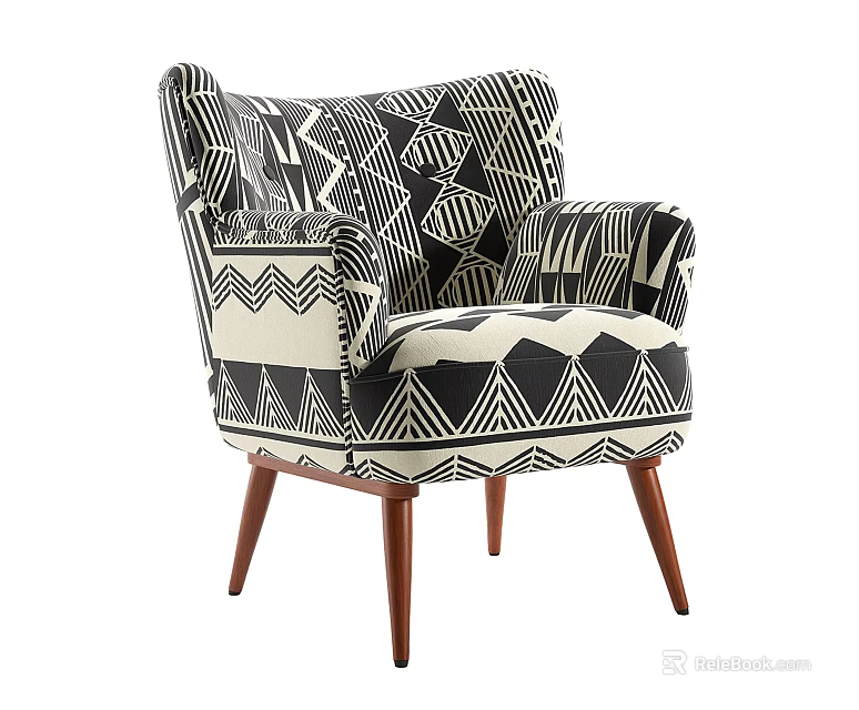Modern Accent Chair With Black White Geometric Pattern Upholstered Fabric And Wooden Legs 3d model 