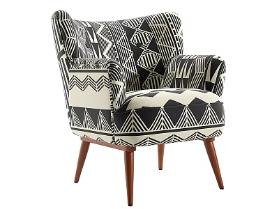 Modern Accent Chair With Black White Geometric Pattern Upholstered Fabric And Wooden Legs 3d model