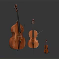 Wooden String Instruments Display with Contrabass Viola and Violin in Various Sizes 3d model