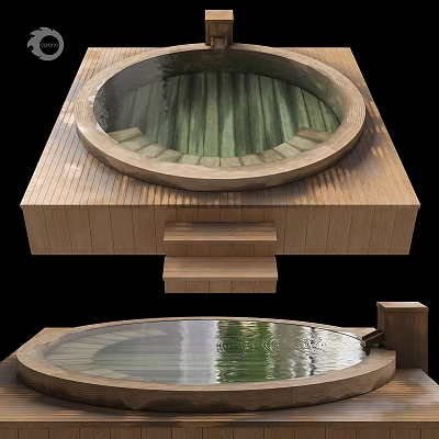 Round Wooden Bathtub With Steps On Platform And Calm Water Surface 3d model