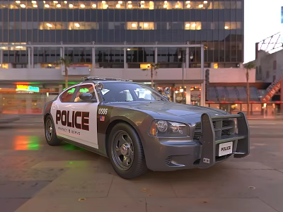 Police Car Parked On Urban Street With Police Lights And Tall Buildings Background 3d model