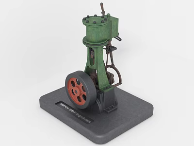 Green Industrial Equipment Model With Red Wheel Black Base And Mini Steam Engine 3d model