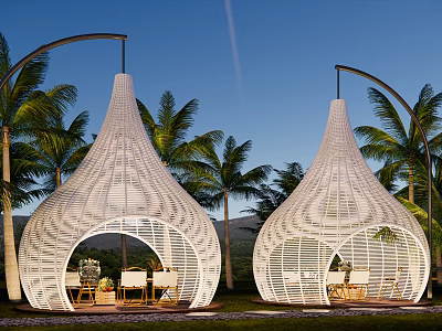 White Conical Woven Tents With Outdoor Seating Among Palm Trees And Mountain Backdrop 3d model