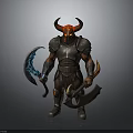 Mythical Demon Warrior With Red Black Horns Metal Armor Blue Glowing Scythe And Axe