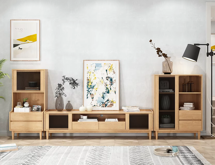 Modern Wooden TV Stand With Storage Drawers Open Shelves Bookshelves Artwork Floor Lamp and Plants 3d model 