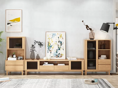 Modern Wooden TV Stand With Storage Drawers Open Shelves Bookshelves Artwork Floor Lamp and Plants 3d model