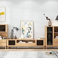 Modern Wooden TV Stand With Storage Drawers Open Shelves Bookshelves Artwork Floor Lamp and Plants