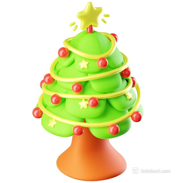 Christmas Decorative Ornament Set With Green Tree Yellow Spiral Red Balls Stars And Orange Base 3d model 