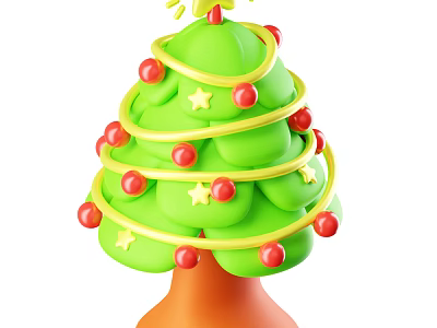 Christmas Decorative Ornament Set With Green Tree Yellow Spiral Red Balls Stars And Orange Base 3d model