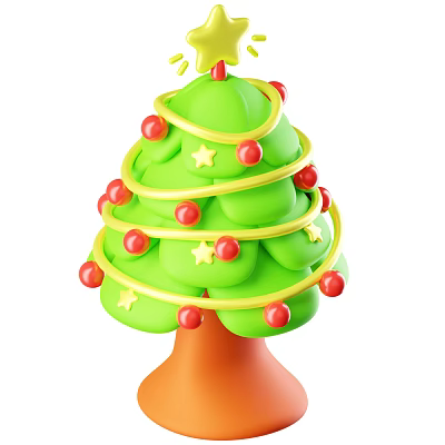 Christmas Decorative Ornament Set With Green Tree Yellow Spiral Red Balls Stars And Orange Base 3d model
