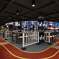 Modern Restaurant Interior With Tables Chairs Decorative Paintings And Ceiling Lights