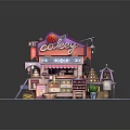 Colorful Cartoon Cakey Shop with Strawberry Sign Pink Awning and Dessert Displays