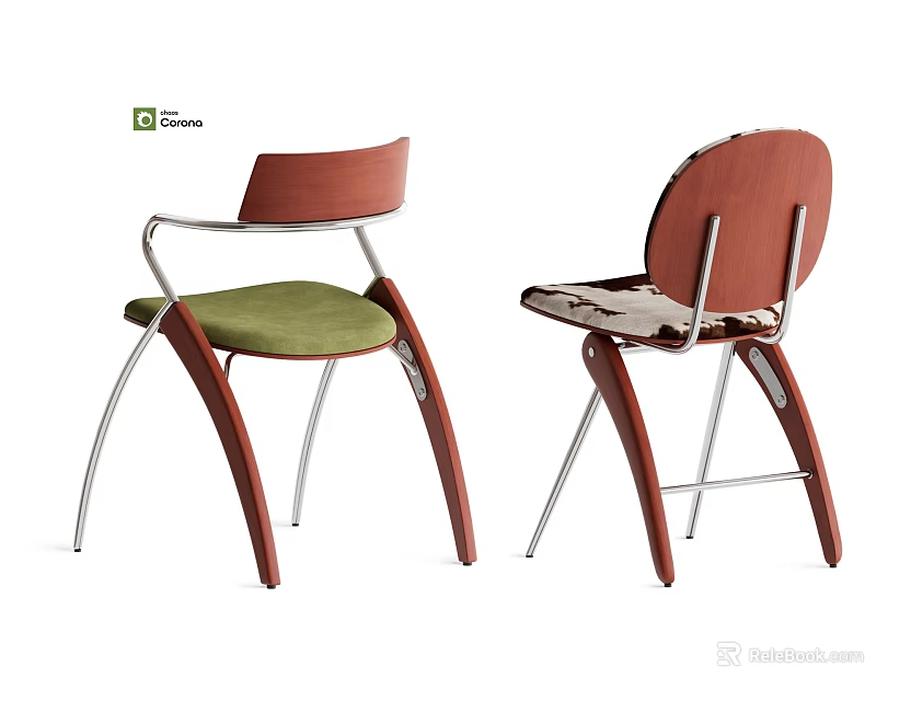 Modern Dining Chairs With Wooden Frame Green Upholstery And Silver Metal Legs 3d model 