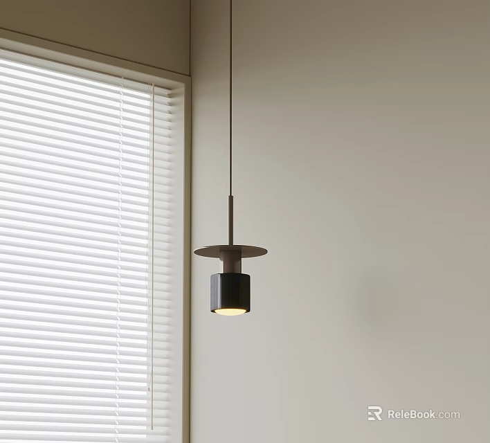 Minimalist Metal Pendant Light Hanging Near Venetian Blinds On Neutral Wall 3d model 