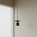 Minimalist Metal Pendant Light Hanging Near Venetian Blinds On Neutral Wall