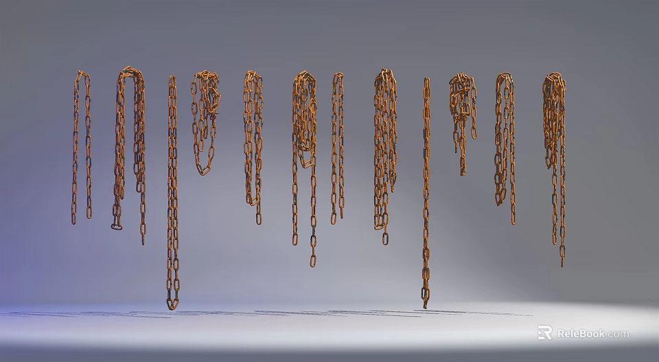 Vertical Rusty Metal Chains Hanging In A Row On Gray Background 3d model 