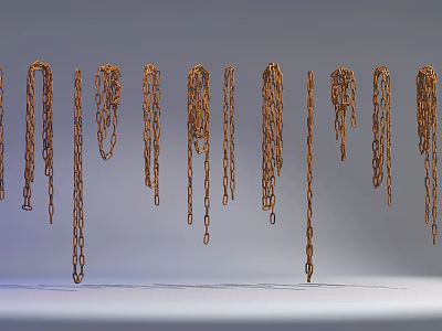 Vertical Rusty Metal Chains Hanging In A Row On Gray Background 3d model