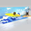 Summer Themed Window Display with Yellow Surfboard Dolphin Ocean Waves Beach Sand Umbrella Chalkboard Sign