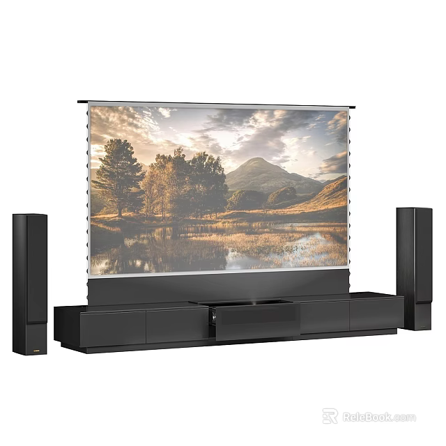 Modern TV Stand with Projection Screen Scenic Landscape and Speakers 3d model 