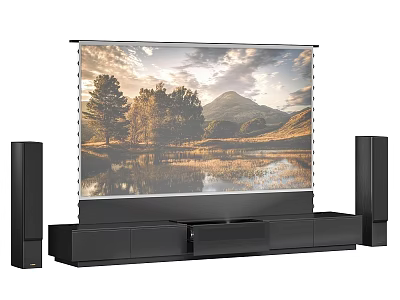 Modern TV Stand with Projection Screen Scenic Landscape and Speakers 3d model