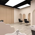 Modern Beauty Hair Salon Interior With Black Leather Chairs Marble Counter And Hanging Lights