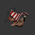 Traditional Wooden Boat With Red And White Striped Canopy Decorative Tassels And Orange Sail