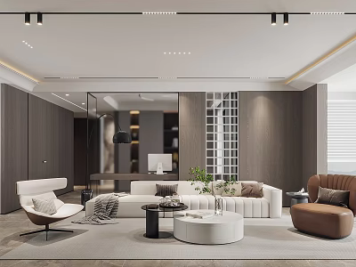 Modern Living Room Interior Design With White Sofa Brown Chair And Green Plants 3d model