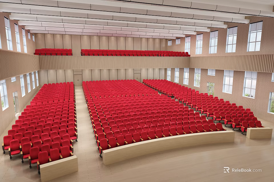 Modern Auditorium Interior With Red Seats Tiered Seating And Windows 3d model 