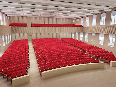 Modern Auditorium Interior With Red Seats Tiered Seating And Windows 3d model