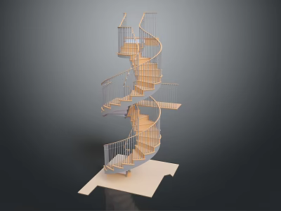 Spiral Staircase in Dollar Sign Shape with Wooden Steps and Metal Railings 3d model