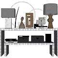 Geometric Sculptures Display On Modern Shelf With Marble Lamps And Metal Decor
