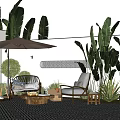 Modern Outdoor Sofa With Umbrella Coffee Table And Lush Palm Plants In Patio Area